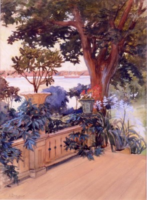 Albert Edelfelt, Utsikt från verandan på Haiko, 1896, akvarell. Borgå Museum. Foto: Jan Lindroth.